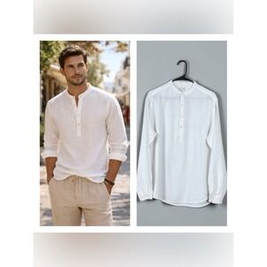 Marfinno Mens Button Up Shirt Size Medium Coastal Euro Summer Long Sleeve White